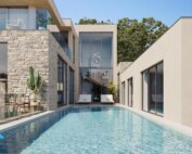 Perspective 3D réaliste d'une résidence de luxe avec piscine à débordement vue mer à Cannes, PACA.