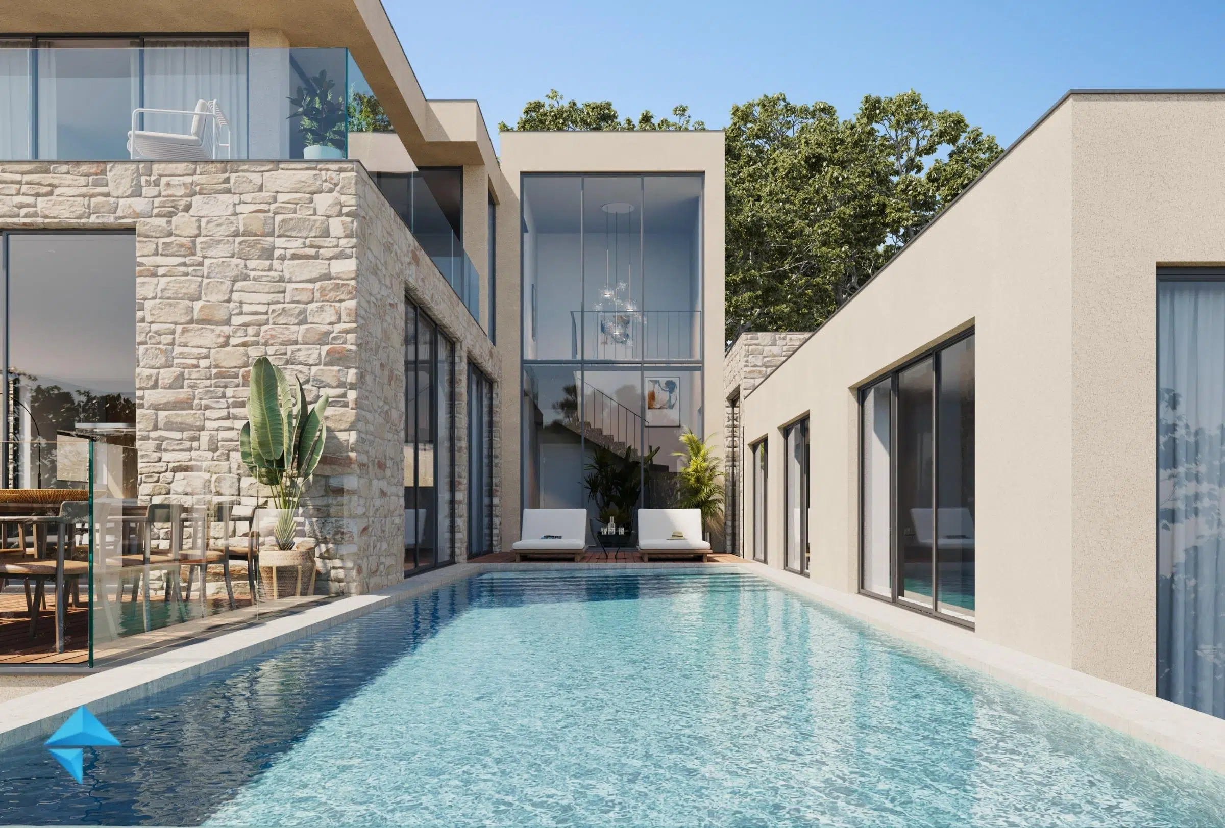 Perspective 3D réaliste d'une résidence de luxe avec piscine à débordement vue mer à Cannes, PACA.