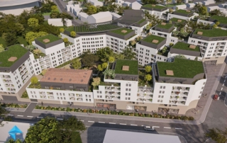 Perspective 3D immobilière d'une résidence à Lyon insérée dans son environnement urbain.