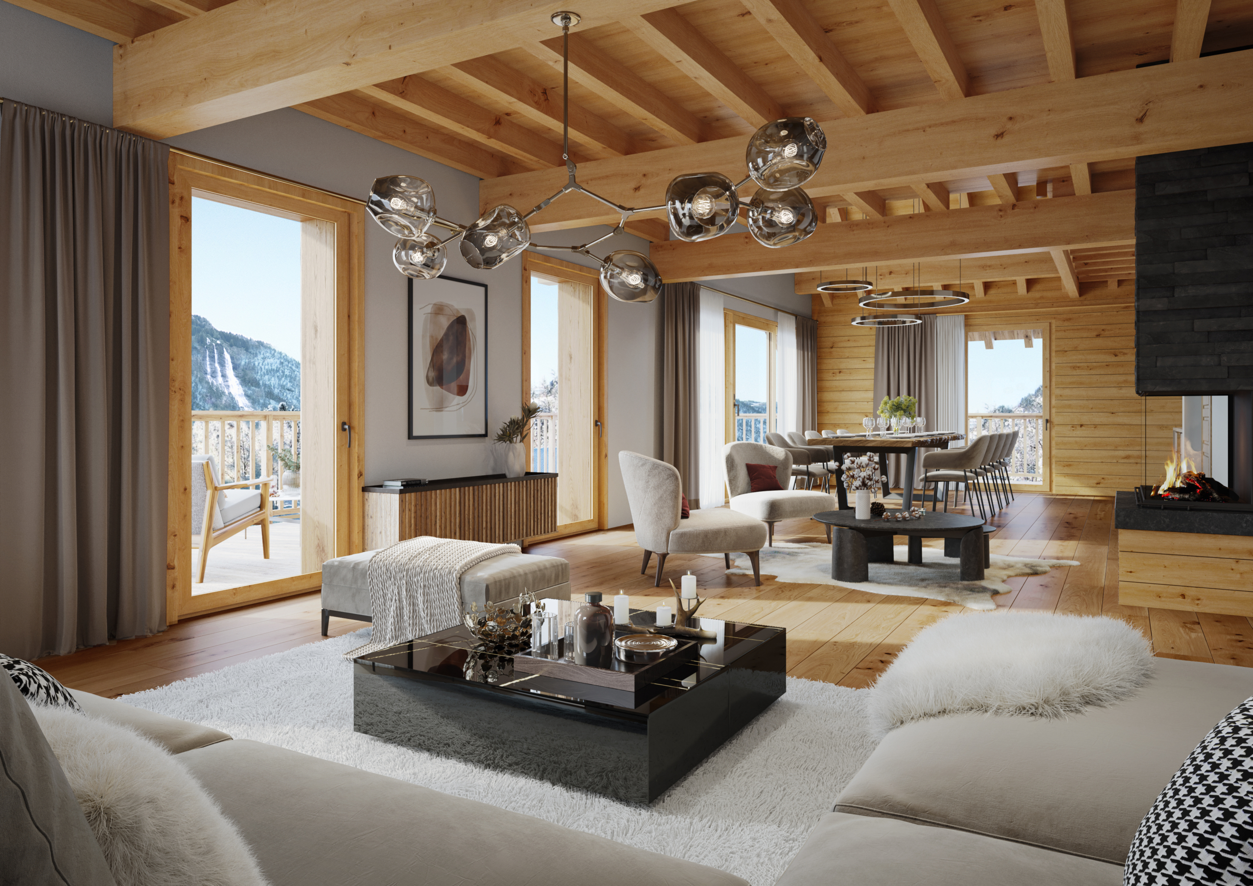 Perspective 3D d'un grand salon de chalet à Vaujany avec cheminée, vue sur les montagnes et décoration design pour investissement locatif.