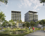 Rendu 3D panoramique de deux tours résidentielles reliées par un socle tertiaire
