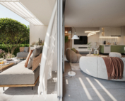 Perspective 3D intérieure villa luxe Lecci avec terrasse et jardin privatif