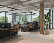 Rendu 3D espace de coworking moderne avec luminaires industriels et bureaux ergonomiques