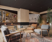 Rendu 3D espace commun chaleureux pour résidence seniors ou coliving avec mobilier bois et bibliothèque