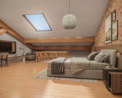 Perspective intérieure 3D réhabilitation chambre sous comble avec mur de briques et puit de lumière