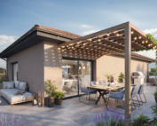 Perspective 3D d'une grande terrasse aménagée pour un appartement neuf au Clos Raphaël à Chavanoz, Isère.