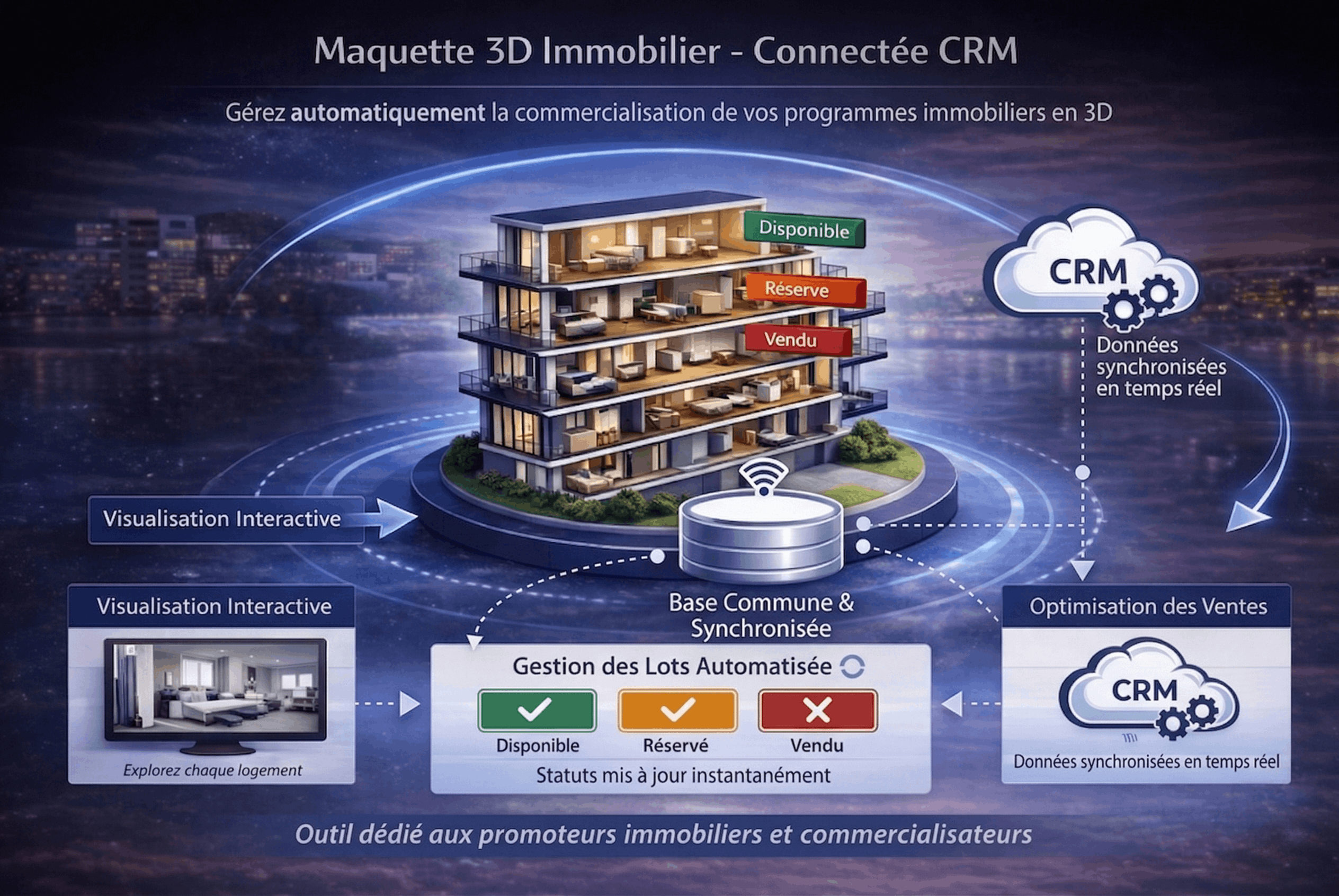 maquette-3d-immobiliere-interactive-connectee-crm Maquette 3D interactive pour la promotion immobilière connectée au CRM montrant la gestion des lots disponibles, réservés et vendus.
