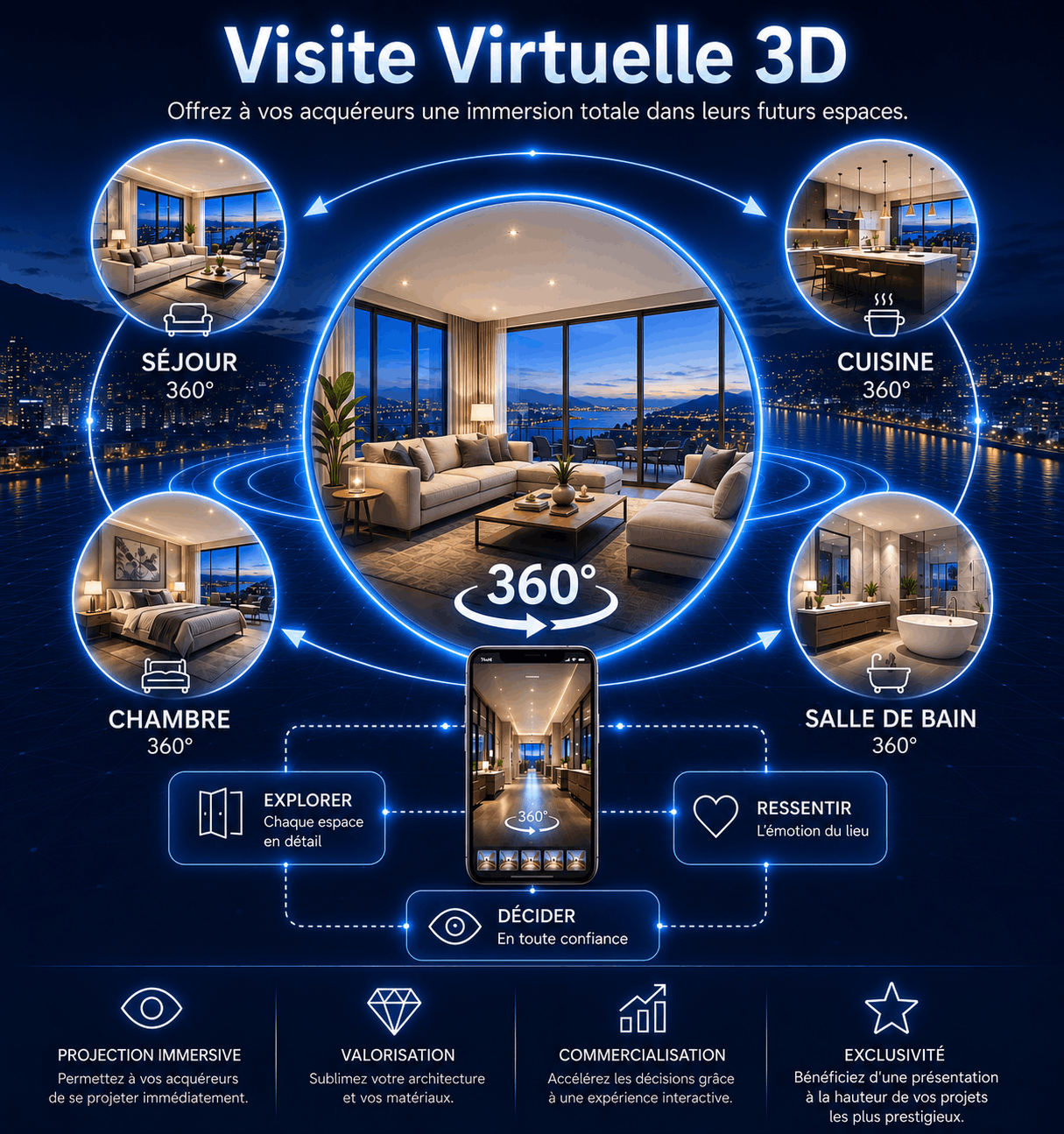 Visite Virtuelle 3D & 360° – Promotion Immobilière Schéma explicatif de la visite virtuelle 3D et 360° pour l'immobilier neuf : exploration du séjour, de la cuisine, de la chambre et de la salle de bain.