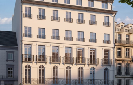 Rendue 3D photoréaliste de la façade réhabilitée de l'ancien hôtel Le Métropole à Bagnères-de-Luchon.