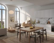 Rendu 3D intérieur d'un appartement de standing au style Japandi avec cuisine ouverte et grandes fenêtres voûtées.