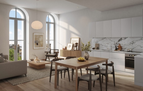 Rendu 3D intérieur d'un appartement de standing au style Japandi avec cuisine ouverte et grandes fenêtres voûtées.