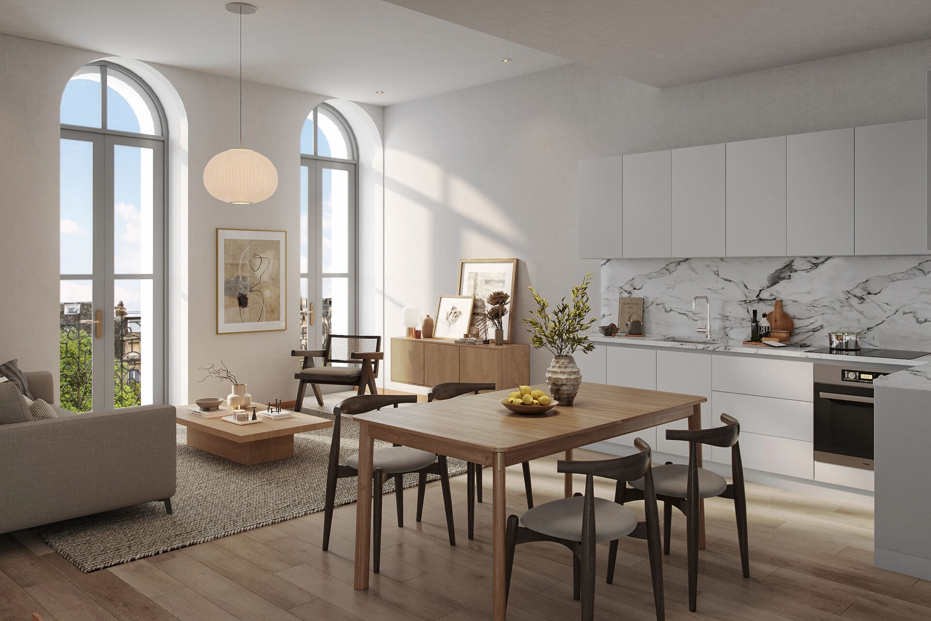 Rendu 3D intérieur d'un appartement de standing au style Japandi avec cuisine ouverte et grandes fenêtres voûtées.
